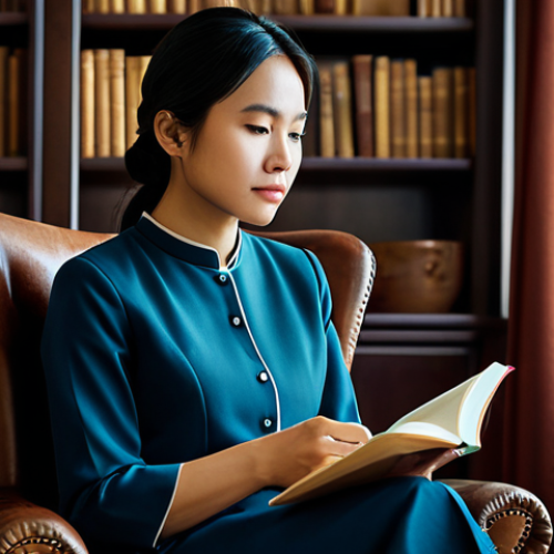 Home 14 A serene Vietnamese woman, fully clothed in modest, professional attire, sits peacefully in a warmly lit, elegant study. She holds an open journal, lost in thoughtful contemplation, reflecting on her past experiences. Soft light illuminates her face, highlighting a calm, introspective expression. The room features dark wood bookshelves filled with books and a comfortable armchair. This image embodies personal growth and self-discovery, safe for work, appropriate content, family-friendly, perfect anatomy, correct proportions, natural pose, well-formed hands, proper finger count, natural body proportions, professional photography, high quality, cinematic lighting.