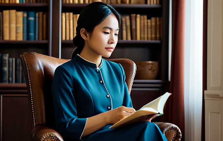 A serene Vietnamese woman, fully clothed in modest, professional attire, sits peacefully in a warmly lit, elegant study. She holds an open journal, lost in thoughtful contemplation, reflecting on her past experiences. Soft light illuminates her face, highlighting a calm, introspective expression. The room features dark wood bookshelves filled with books and a comfortable armchair. This image embodies personal growth and self-discovery, safe for work, appropriate content, family-friendly, perfect anatomy, correct proportions, natural pose, well-formed hands, proper finger count, natural body proportions, professional photography, high quality, cinematic lighting.