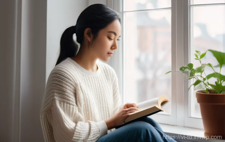 자서전적 치료법으로 인한 삶의 변화 사례 - **Prompt:** A serene and introspective woman in her late 20s or early 30s sits comfortably by a sunl...