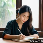 Home 22 자서전적 치료법과 정서적 회복력 - A serene Vietnamese woman in her late 20s sitting at a wooden desk by a window with soft morning lig...