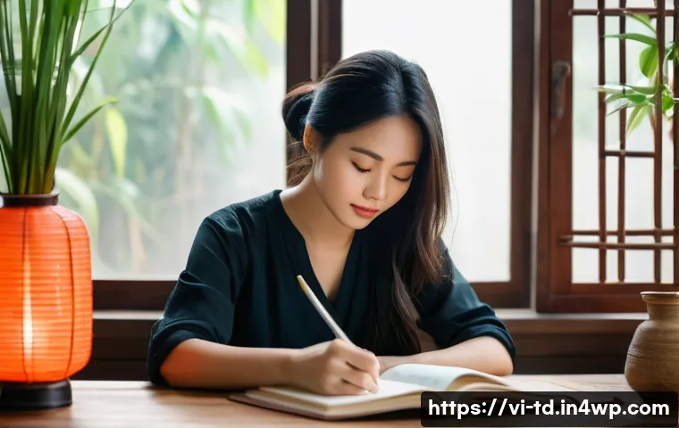 자서전적 치료법과 정서적 회복력 - A serene Vietnamese woman in her late 20s sitting at a wooden desk by a window with soft morning lig...