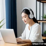 Home 20 자서전적 치료법의 온라인 워크숍 참여 방법 - A modern Vietnamese home office setup for an online workshop, featuring a young Vietnamese adult wom...