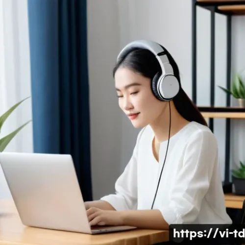 Home 32 자서전적 치료법의 온라인 워크숍 참여 방법 - A modern Vietnamese home office setup for an online workshop, featuring a young Vietnamese adult wom...