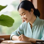 Home 19 자서전적 치료법과 자아 정체성 개발 - A serene Vietnamese woman in her mid-30s sitting at a wooden desk by a large window, writing in a jo...