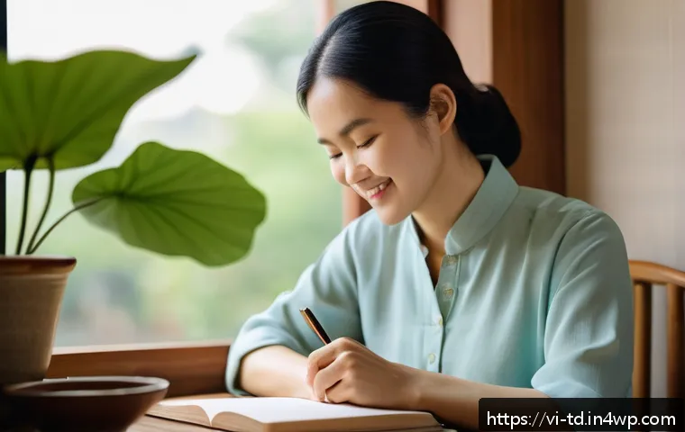 자서전적 치료법과 자아 정체성 개발 - A serene Vietnamese woman in her mid-30s sitting at a wooden desk by a large window, writing in a jo...