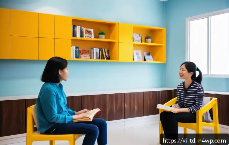자서전적 치료법의 주요 이론가 소개 - A warm and inviting therapy room in Vietnam, featuring a diverse group of people including a Vietnam...