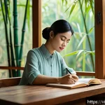 Home 23 자서전적 치료법의 치유적 가치 - A serene Vietnamese woman sitting at a wooden desk by a large window in a cozy café, writing thought...