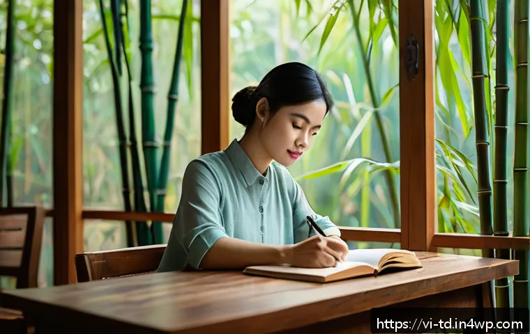 자서전적 치료법의 치유적 가치 - A serene Vietnamese woman sitting at a wooden desk by a large window in a cozy café, writing thought...
