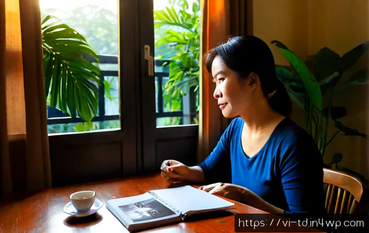 Home 17 자서전적 치료법의 필요성에 대한 논의 - Photorealistic Vietnamese woman in her late 40s sitting at a tidy wooden table in a sunlit Hanoi apa...